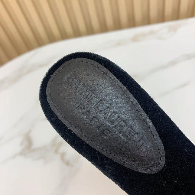 SL CHAIN ATTACH HEELED MULES BLACK VELVET