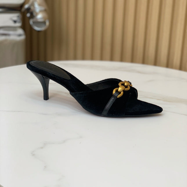 SL CHAIN ATTACH HEELED MULES BLACK VELVET