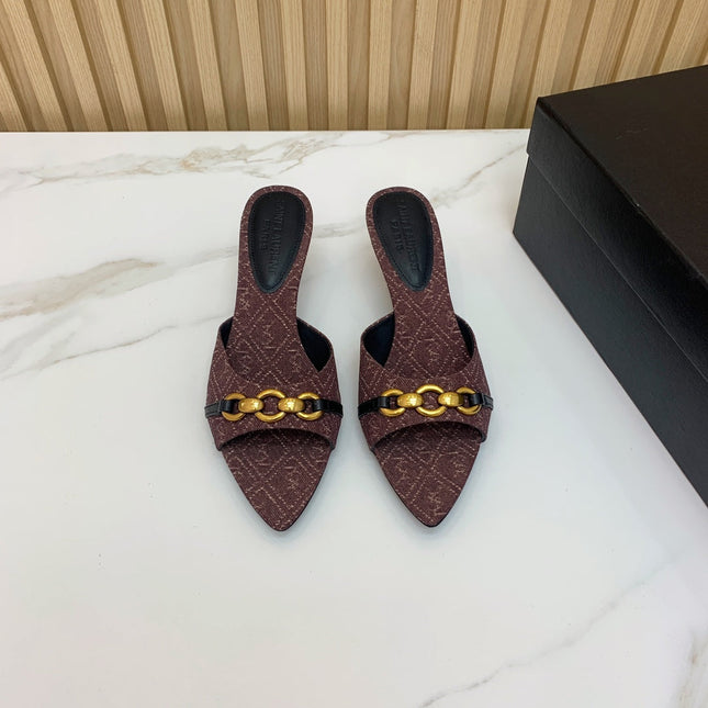 SL CHAIN ATTACH HEELED MULES BROWN DENIM