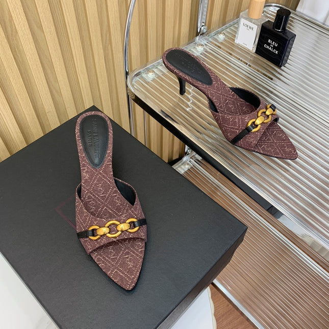 SL CHAIN ATTACH HEELED MULES BROWN DENIM