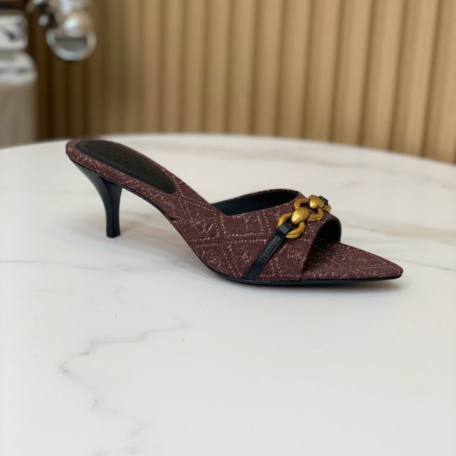 SL CHAIN ATTACH HEELED MULES BROWN DENIM