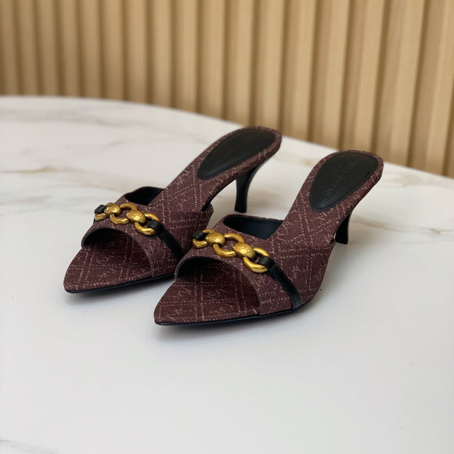 SL CHAIN ATTACH HEELED MULES BROWN DENIM