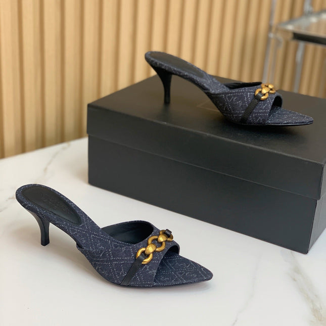 SL CHAIN ATTACH HEELED MULES INDIGO DENIM