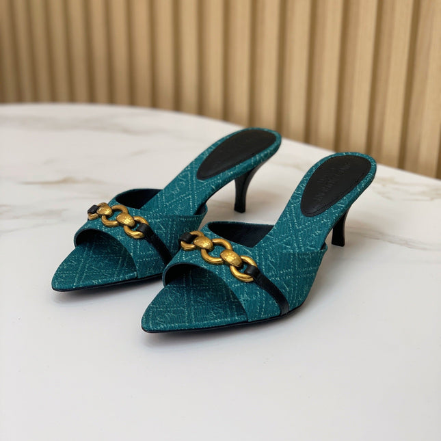 SL CHAIN ATTACH HEELED MULES SAPPHIRE DENIM