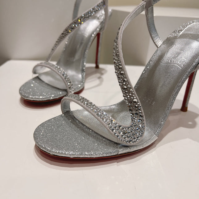EMBELLISHED SANDAL 100MM IN SILVER MIX WHITE CALFSKIN