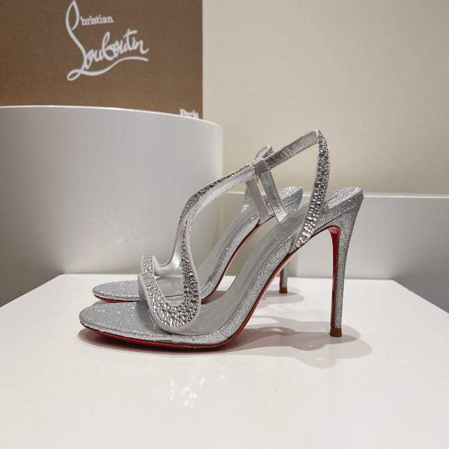 EMBELLISHED SANDAL 100MM IN SILVER MIX WHITE CALFSKIN