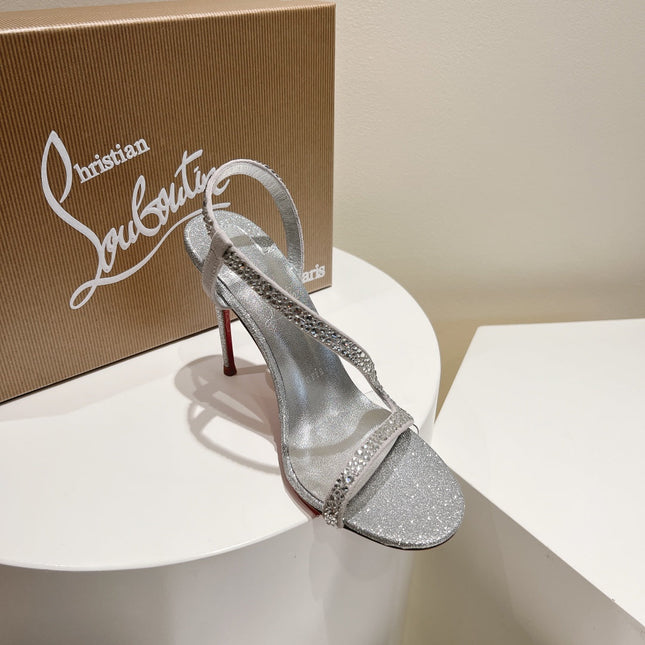 EMBELLISHED SANDAL 100MM IN SILVER MIX WHITE CALFSKIN