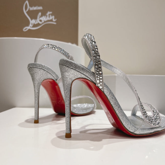 EMBELLISHED SANDAL 100MM IN SILVER MIX WHITE CALFSKIN