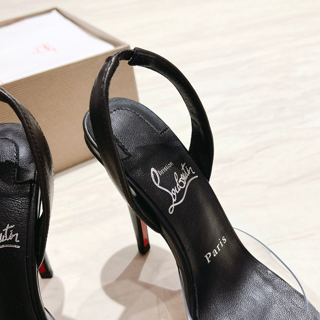 APOSTROPHA SLINGBACK PUMPS IN BLACK CALFSKIN AND CLEAR PVC JEWELED BOW