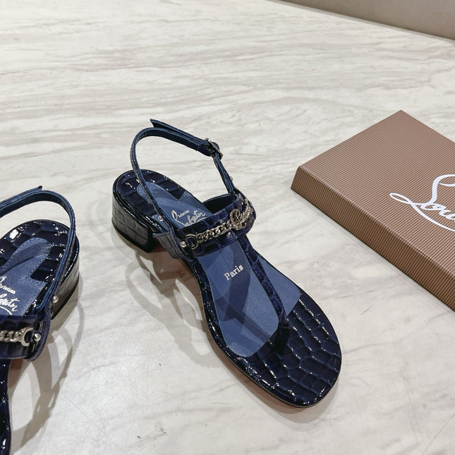 THONG SANDALS SLINGBACK 25MM IN SNAKE-EFFECT DARK BLUE CALFSKIN