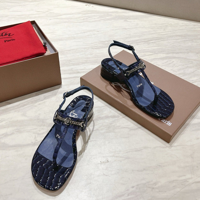 THONG SANDALS SLINGBACK 25MM IN SNAKE-EFFECT DARK BLUE CALFSKIN