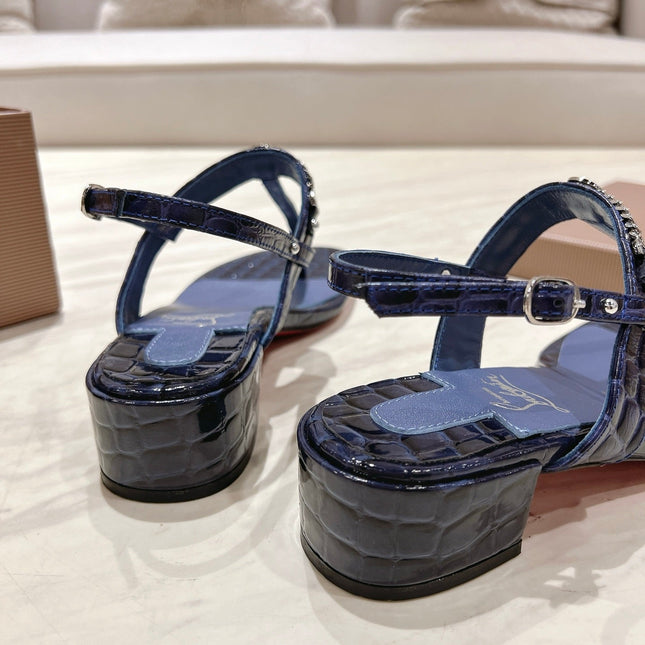THONG SANDALS SLINGBACK 25MM IN SNAKE-EFFECT DARK BLUE CALFSKIN