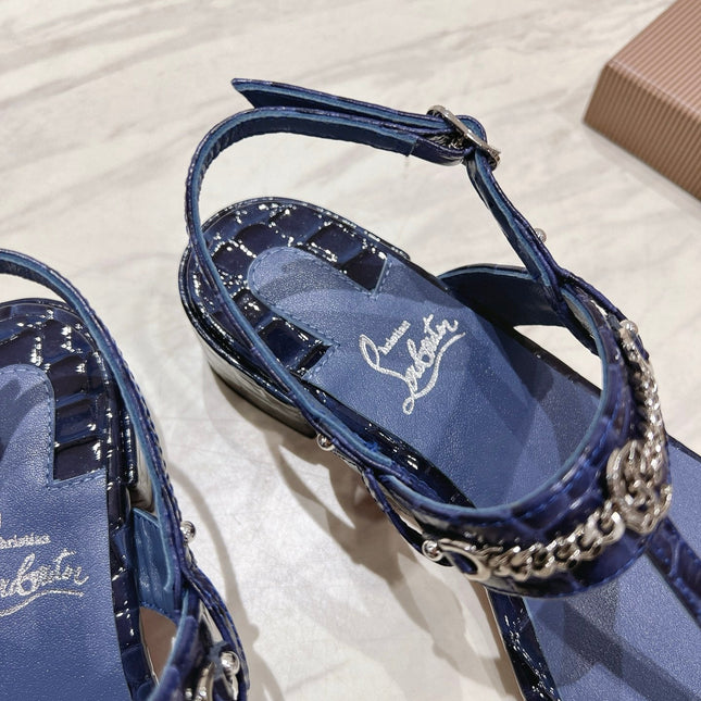 THONG SANDALS SLINGBACK 25MM IN SNAKE-EFFECT DARK BLUE CALFSKIN