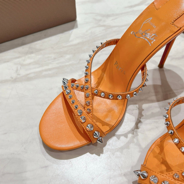 CRYSTAL GLITTER CRISS-CROSS STRAP SANDALS IN ORANGE CALFSKIN