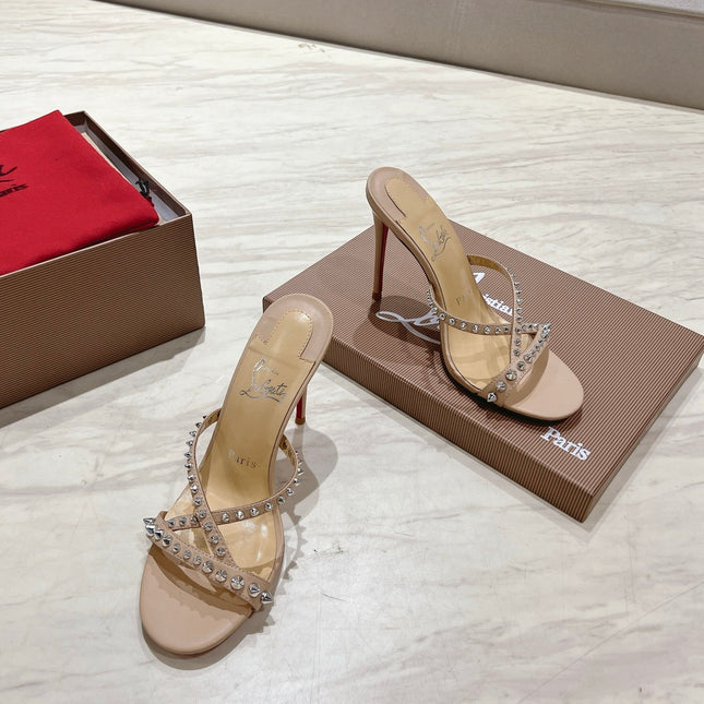 CRYSTAL GLITTER CRISS-CROSS STRAP SANDALS IN BEIGE CALFSKIN