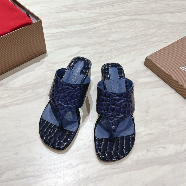 EMBOIDERED LOGO MULES IN NAVY BLUE EMBOSSED CALFSKIN