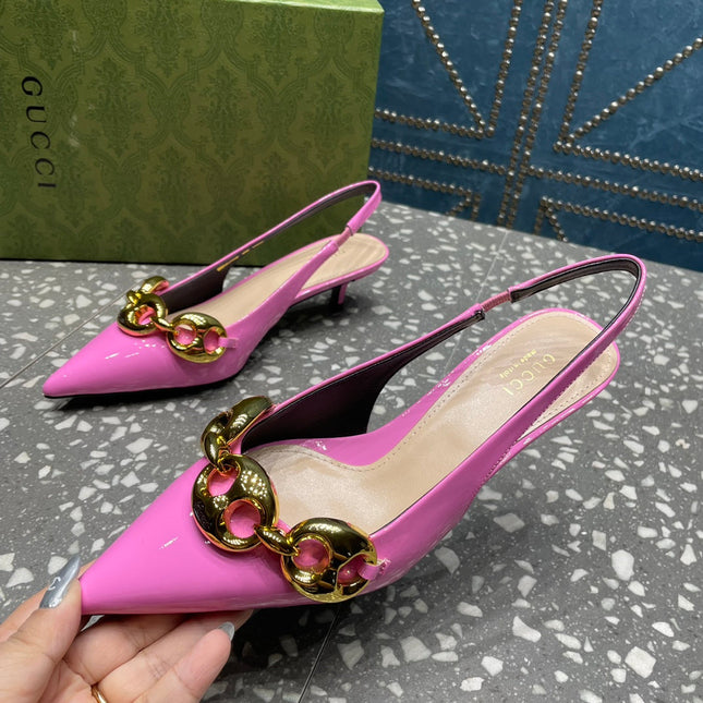 WOMEN'S SLINGBACK 45MM IN FUSCIA PINK CALFSKIN WITH GOLD HARDWARE