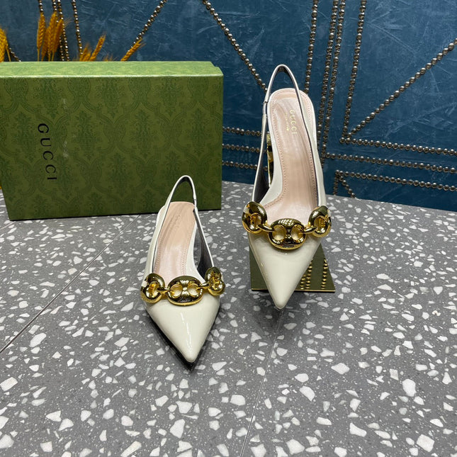 WOMEN'S SLINGBACK 45MM IN WHITE CALFSKIN WITH GOLD HARDWARE