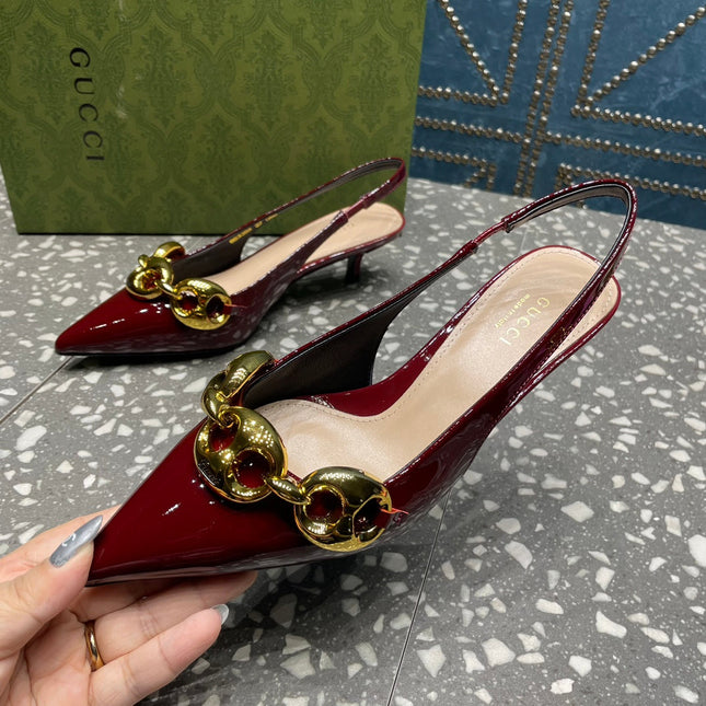 WOMEN'S SLINGBACK 45MM IN GARNET RED CALFSKIN WITH GOLD HARDWARE