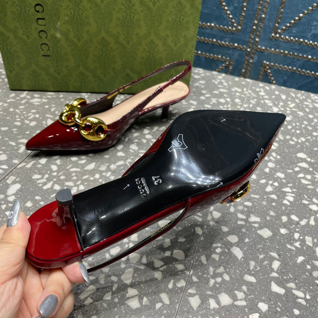 WOMEN'S SLINGBACK 45MM IN GARNET RED CALFSKIN WITH GOLD HARDWARE