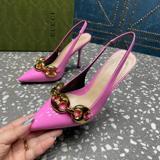 WOMEN'S SLINGBACK 10.5 CM IN FUSCIA PINK CALFSKIN WITH GOLD HARDWARE