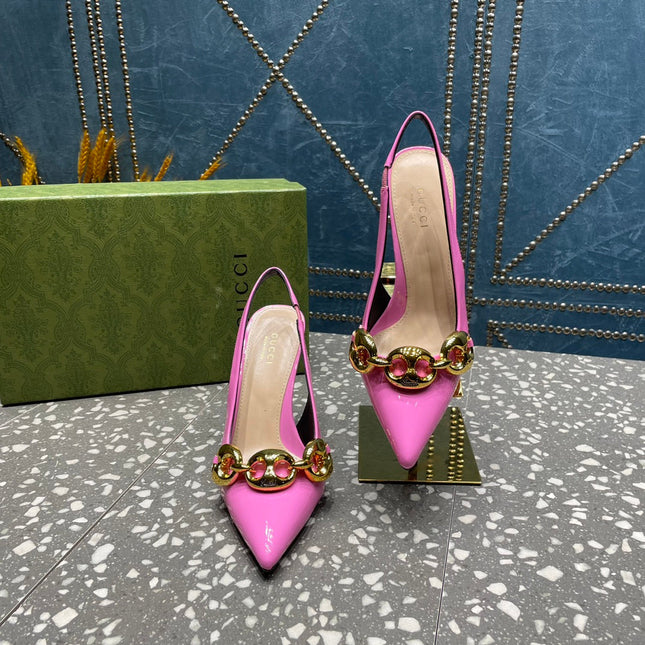 WOMEN'S SLINGBACK 10.5 CM IN FUSCIA PINK CALFSKIN WITH GOLD HARDWARE
