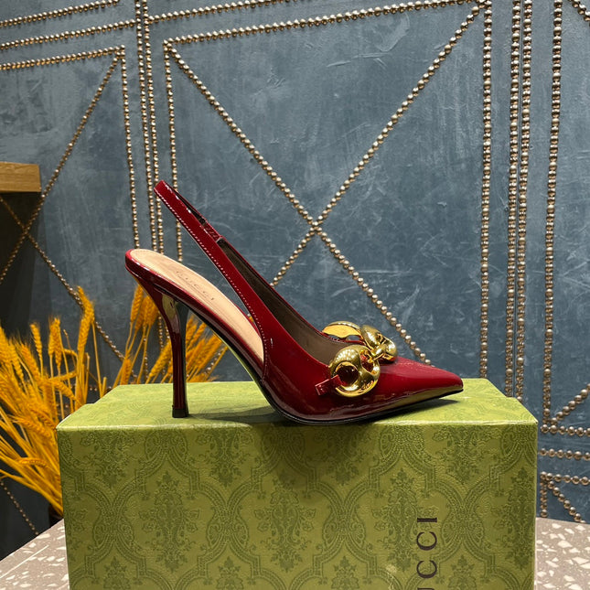 WOMEN'S SLINGBACK 10.5 CM IN GARNET RED CALFSKIN WITH GOLD HARDWARE