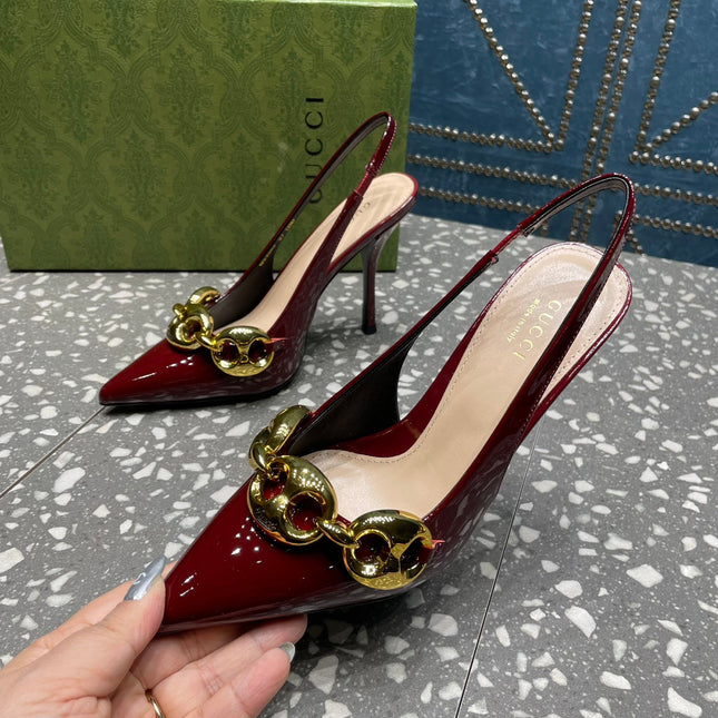 WOMEN'S SLINGBACK 10.5 CM IN GARNET RED CALFSKIN WITH GOLD HARDWARE
