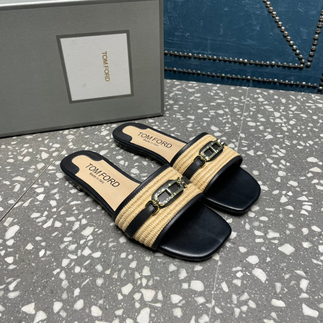 RAFFIA AND LEATHER WHITNEY SLIDE BLACK MIX BEIGE