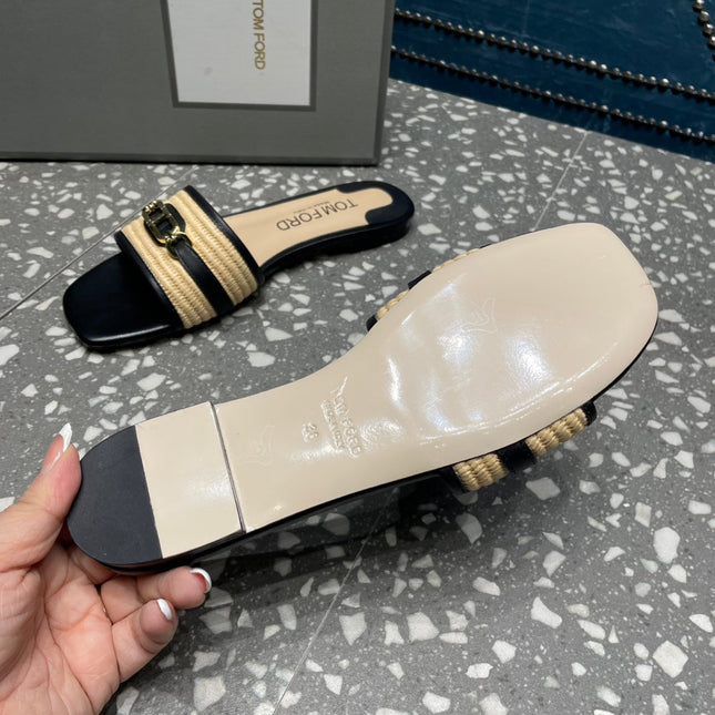 RAFFIA AND LEATHER WHITNEY SLIDE BLACK MIX BEIGE