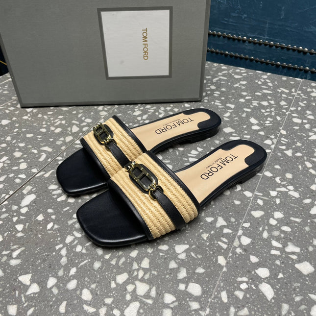 RAFFIA AND LEATHER WHITNEY SLIDE BLACK MIX BEIGE