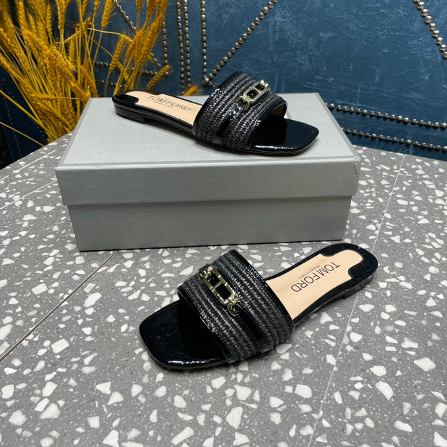 RAFFIA AND LEATHER WHITNEY SLIDE BLACK