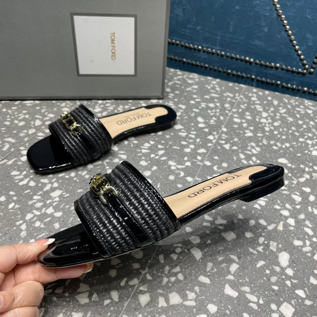 RAFFIA AND LEATHER WHITNEY SLIDE BLACK