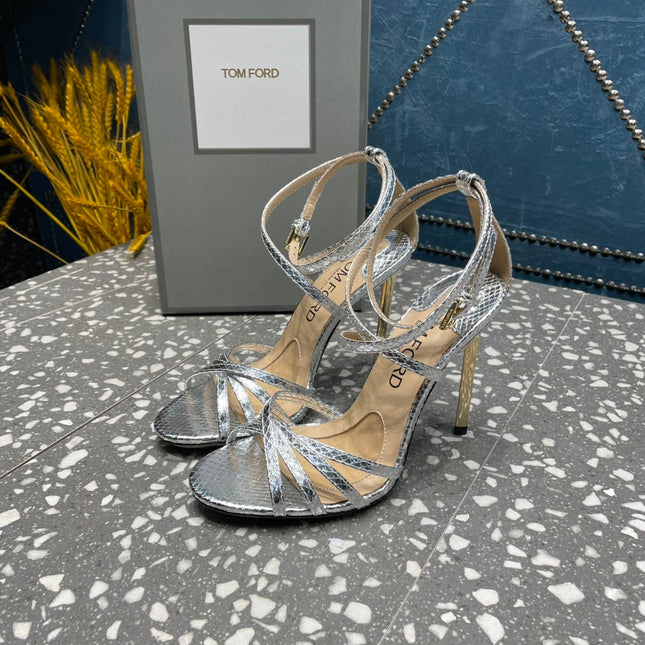 IDA SANDAL 10 CM IN SILVER SNAKE PATTERNED CALFSKIN