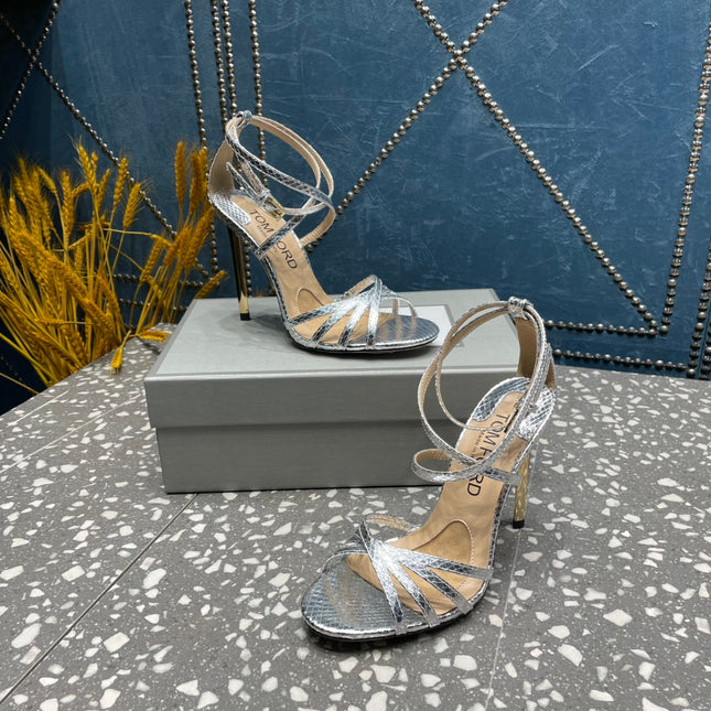 IDA SANDAL 10 CM IN SILVER SNAKE PATTERNED CALFSKIN