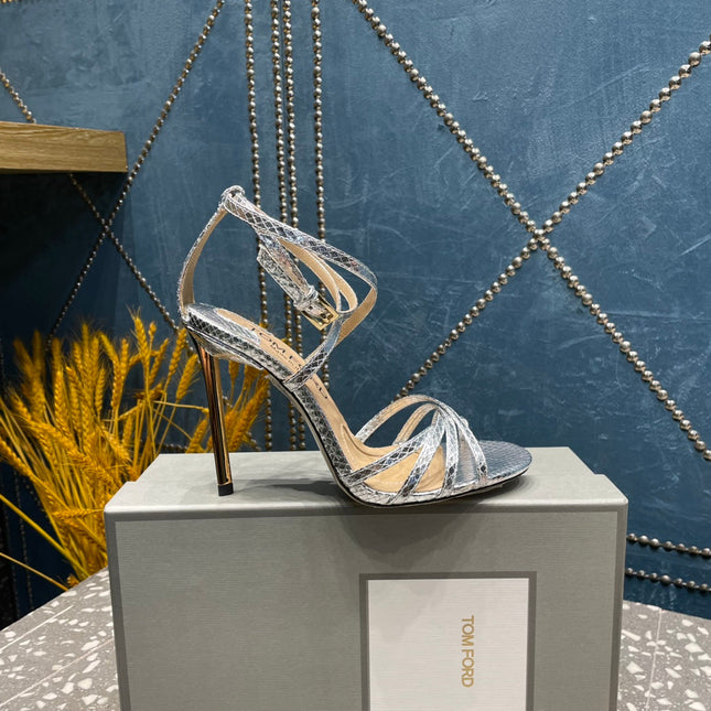 IDA SANDAL 10 CM IN SILVER SNAKE PATTERNED CALFSKIN