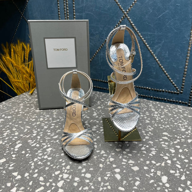 IDA SANDAL 10 CM IN SILVER SNAKE PATTERNED CALFSKIN