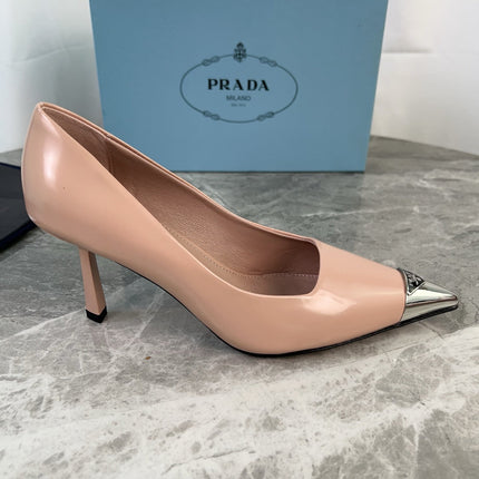 PRADA 25S METAL-CAPPED POINTED-TOE HIGH HEELS IN WARM BEIGE CALFSKIN