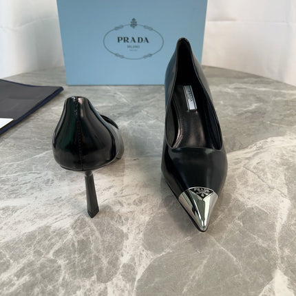 PRADA 25S METAL-CAPPED POINTED-TOE HIGH HEELS IN BLACK CALFSKIN