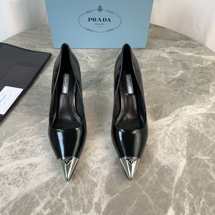 PRADA 25S METAL-CAPPED POINTED-TOE HIGH HEELS IN BLACK CALFSKIN