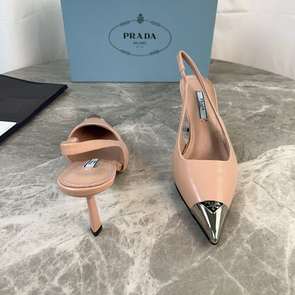 PRADA 25S METAL-TOE SLINGBACK PUMPS IN WARM BEIGE CALFSKIN