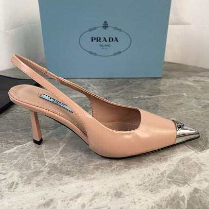PRADA 25S METAL-TOE SLINGBACK PUMPS IN WARM BEIGE CALFSKIN