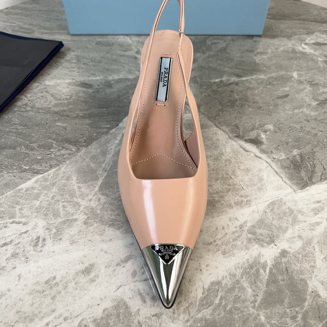 PRADA 25S METAL-TOE SLINGBACK PUMPS IN WARM BEIGE CALFSKIN