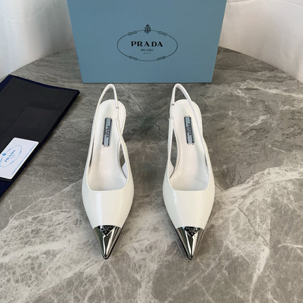 PRADA 25S METAL-TOE SLINGBACK PUMPS IN WHITE CALFSKIN
