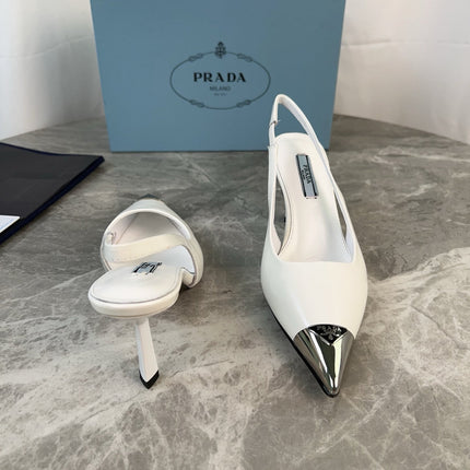 PRADA 25S METAL-TOE SLINGBACK PUMPS IN WHITE CALFSKIN