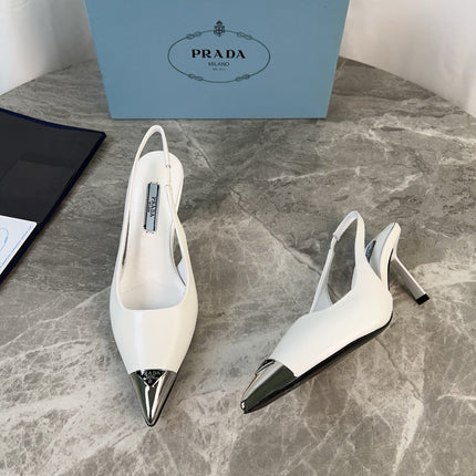 PRADA 25S METAL-TOE SLINGBACK PUMPS IN WHITE CALFSKIN