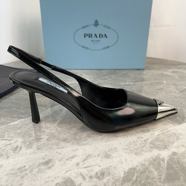 PRADA 25S METAL-TOE SLINGBACK PUMPS IN BLACK CALFSKIN