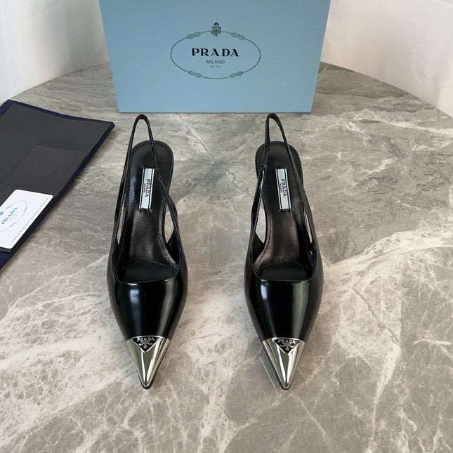 PRADA 25S METAL-TOE SLINGBACK PUMPS IN BLACK CALFSKIN