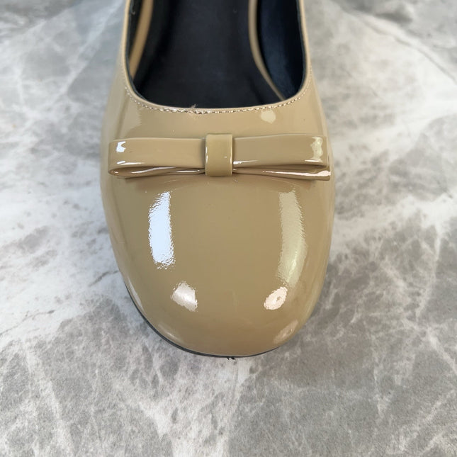 PRADA 25S LOW HEELS SLIP ON BOW 45MM IN GOLDEN BEIGE GLOSSY CALFSKIN