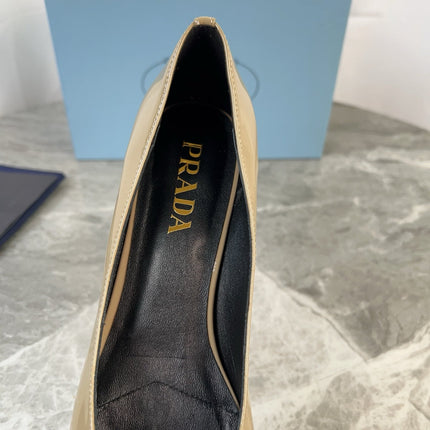 PRADA 25S LOW HEELS SLIP ON BOW 45MM IN GOLDEN BEIGE GLOSSY CALFSKIN